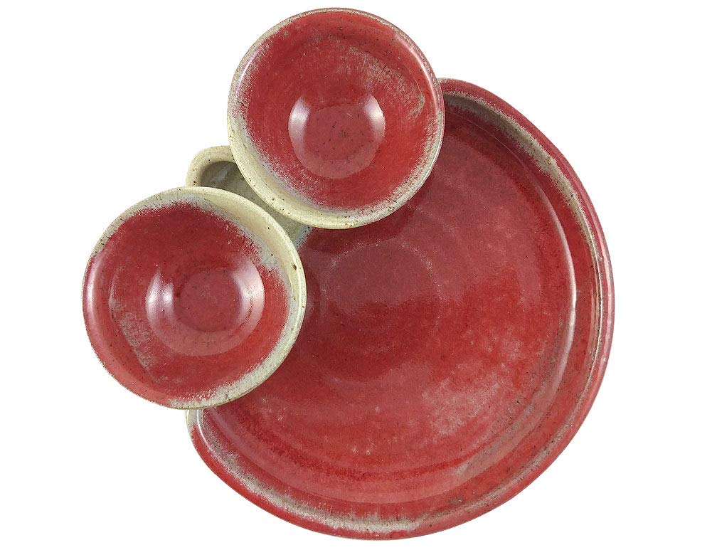 American Made Stoneware Pottery Chip and Dip Tray in Red Delicious (11.5" Double Dip)