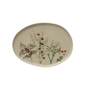 creative co-op oval debossed stoneware platter with seasonal botanical, reactive crackle glaze, multicolor
