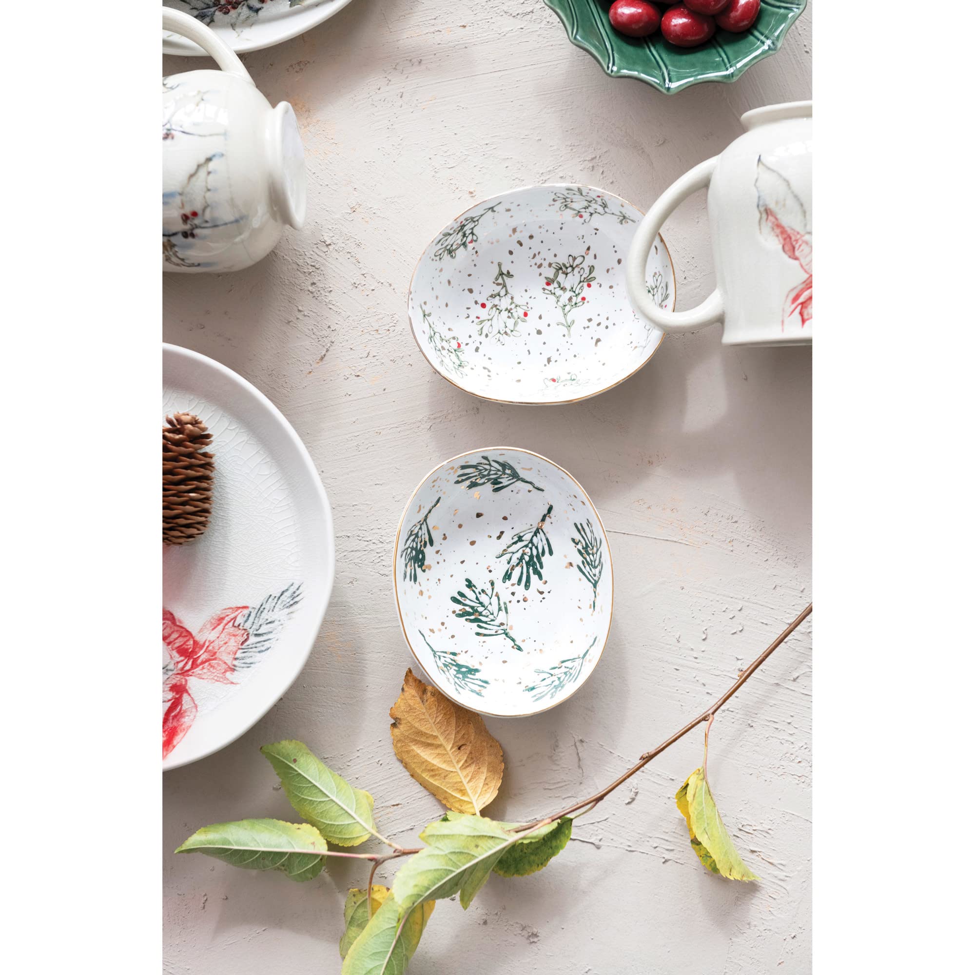 Creative Co-Op Oval Debossed Stoneware Platter with Seasonal Botanical, Reactive Crackle Glaze, Multicolor