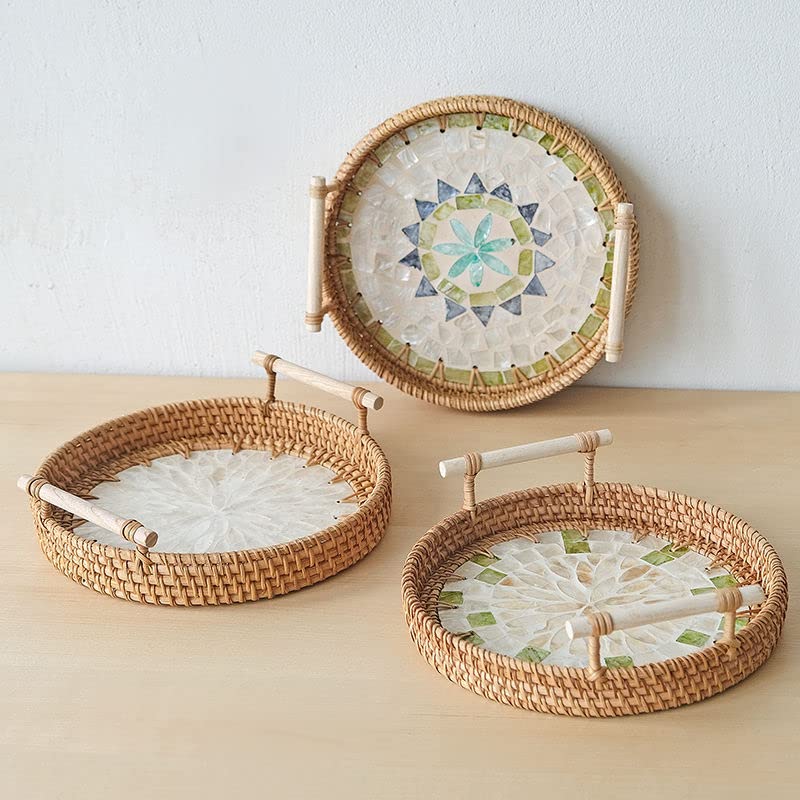 BAUHUS Set 3 Pack Round Rattan Wicker Tray with Mother of Pearl Inlay Wooden Handle for Fruit Serving, Coffee Table Tray, Vanity Tray Organizer for Kitchen, Storage and Display White Set 3