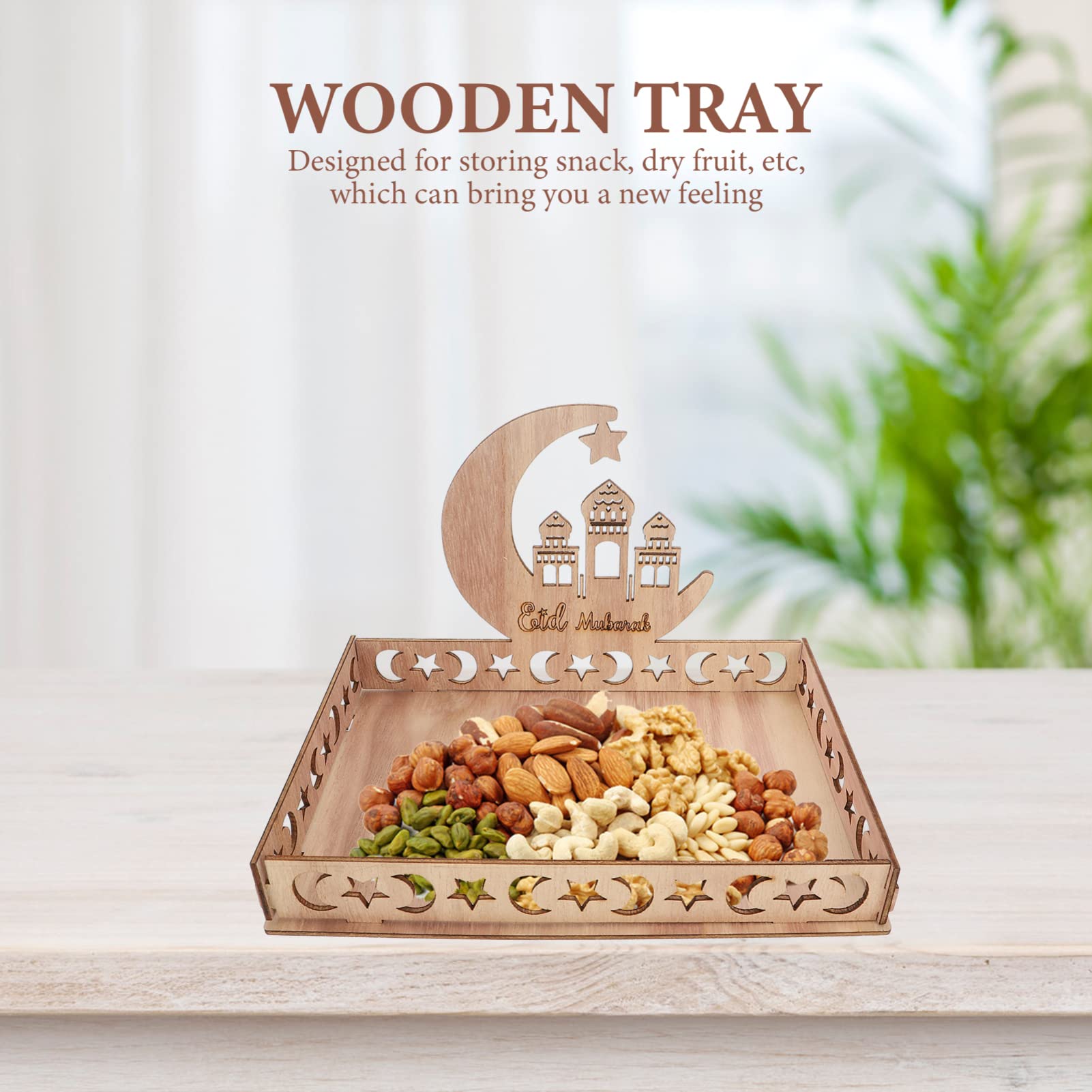 Table Tray Ramadan Mubarak Wooden Serving Tray: Eid Mubarak Moon Castle Tableware Tray Muslim Islam Party Serving Platter for Dessert Snacks Fruit Food Dessert Trays