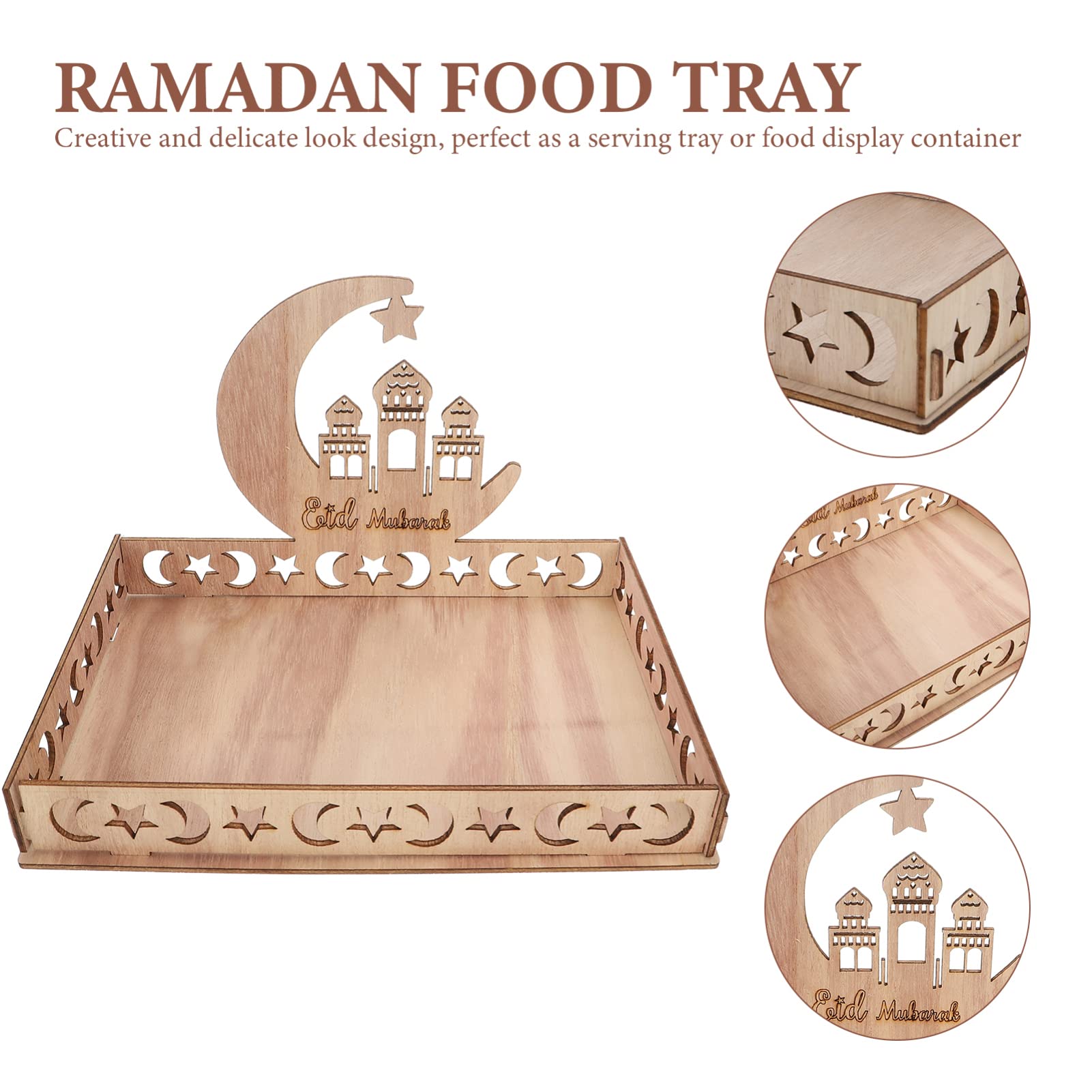 Table Tray Ramadan Mubarak Wooden Serving Tray: Eid Mubarak Moon Castle Tableware Tray Muslim Islam Party Serving Platter for Dessert Snacks Fruit Food Dessert Trays