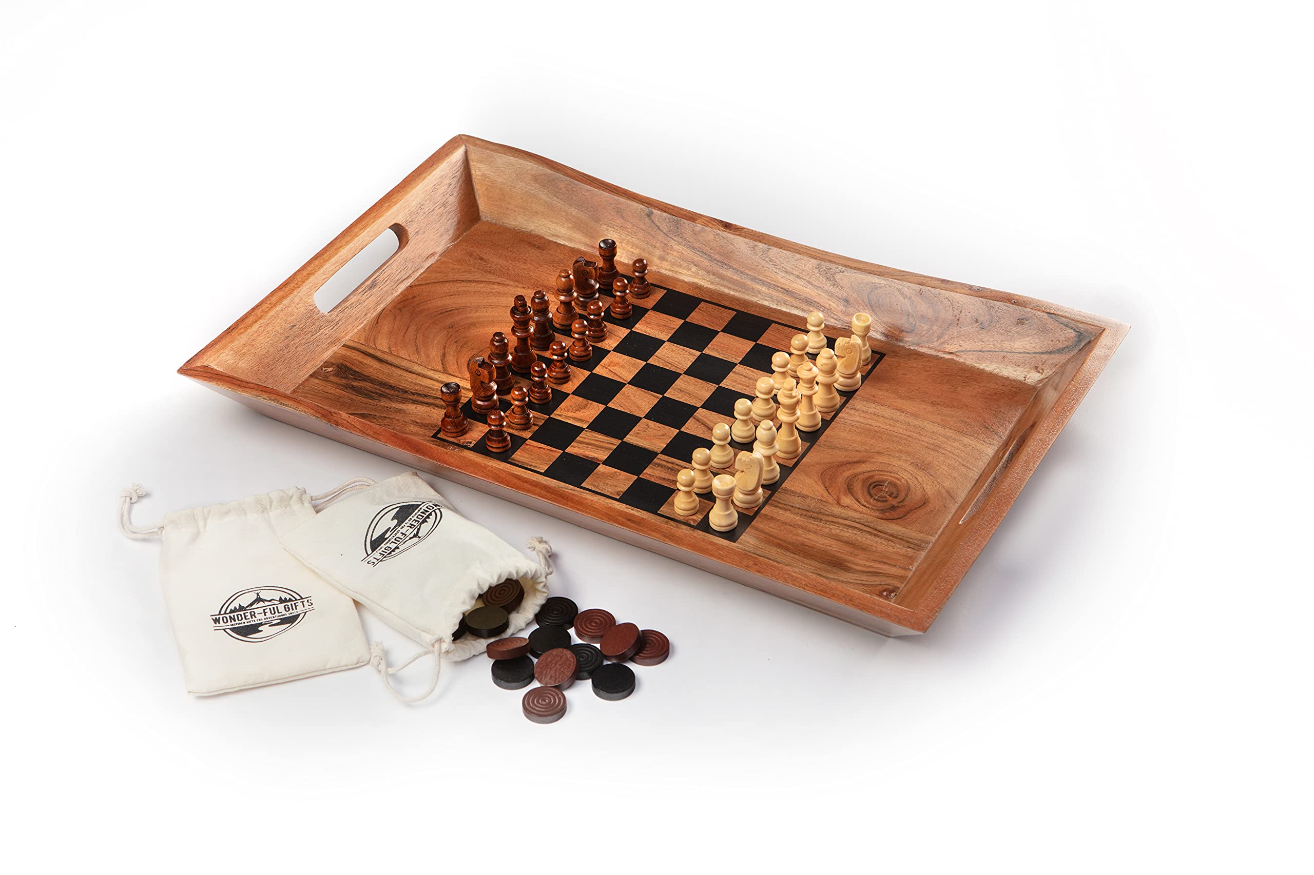 Wonder-ful Gifts Serving Tray with Chessboard - Chess and Checkers Pieces Included