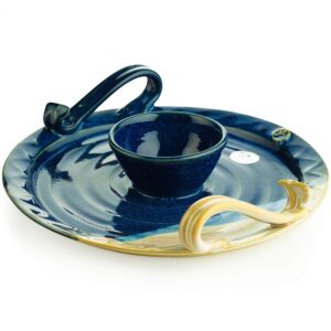 castle arch pottery handmade party platter with dip bowl. 9” diameter serving plate with celtic spiral logo. original irish design hand-glazed for durability and quality of finish (blue)