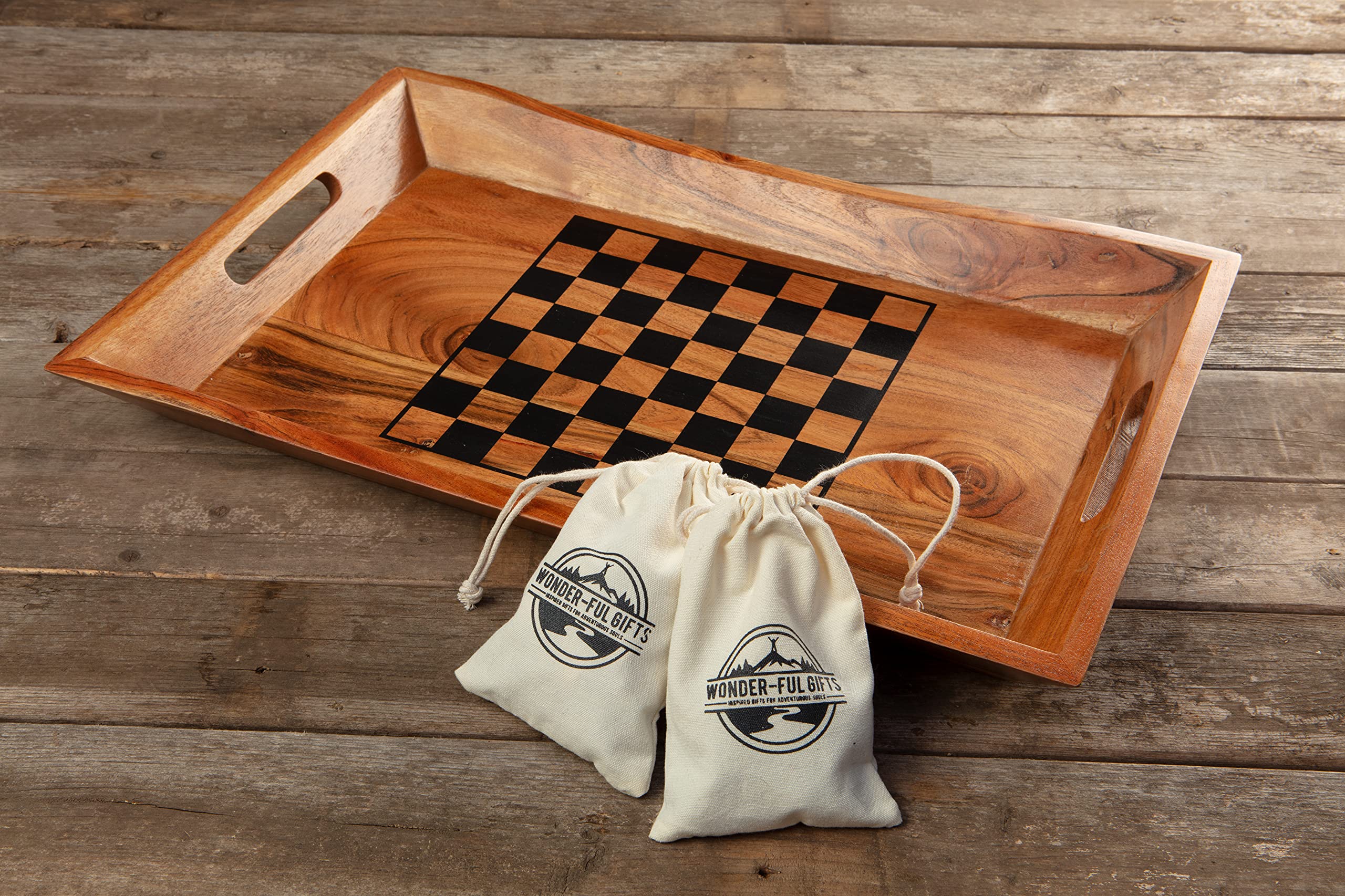 Wonder-ful Gifts Serving Tray with Chessboard - Chess and Checkers Pieces Included