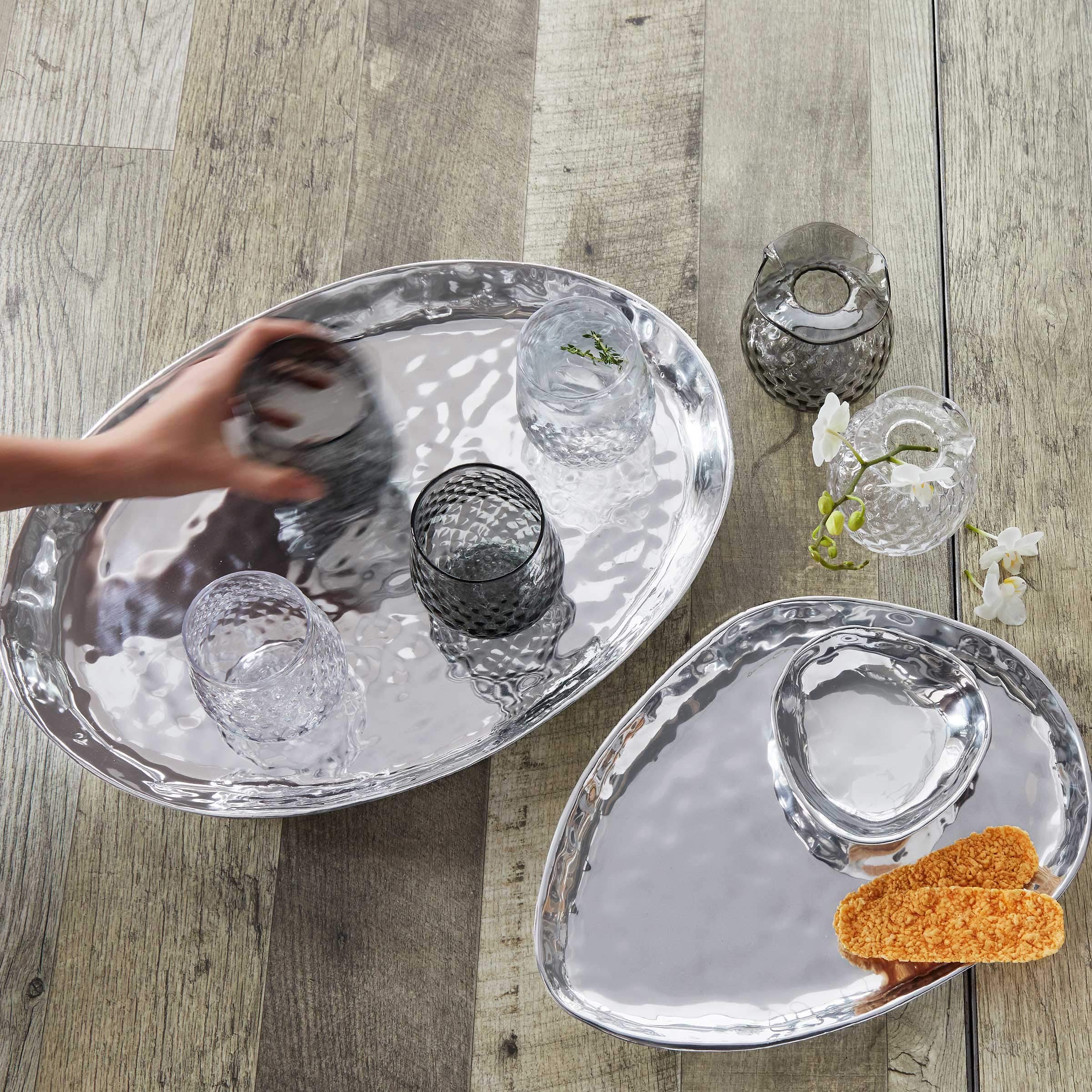 Mariposa, Bowls & Platters Dinnerware & Serveware, Large Oval Tray, Shimmer Silver