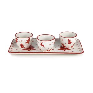 euro ceramica winterfest 4 piece holiday entertainment serving set | high fire earthenware ceramic | rectangular platter & 3 dipping bowls | hand-stamped holiday design, large, multicolor