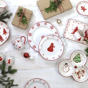 Euro Ceramica Winterfest 4 Piece Holiday Entertainment Serving Set | High Fire Earthenware Ceramic | Rectangular Platter & 3 Dipping Bowls | Hand-Stamped Holiday Design, Large, Multicolor