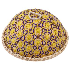 generic hand- woven round rattan serving tray with food dome lid cover for picnic party bread cake pizza dry fruit dessert yellow q1519432baa 28x28cm