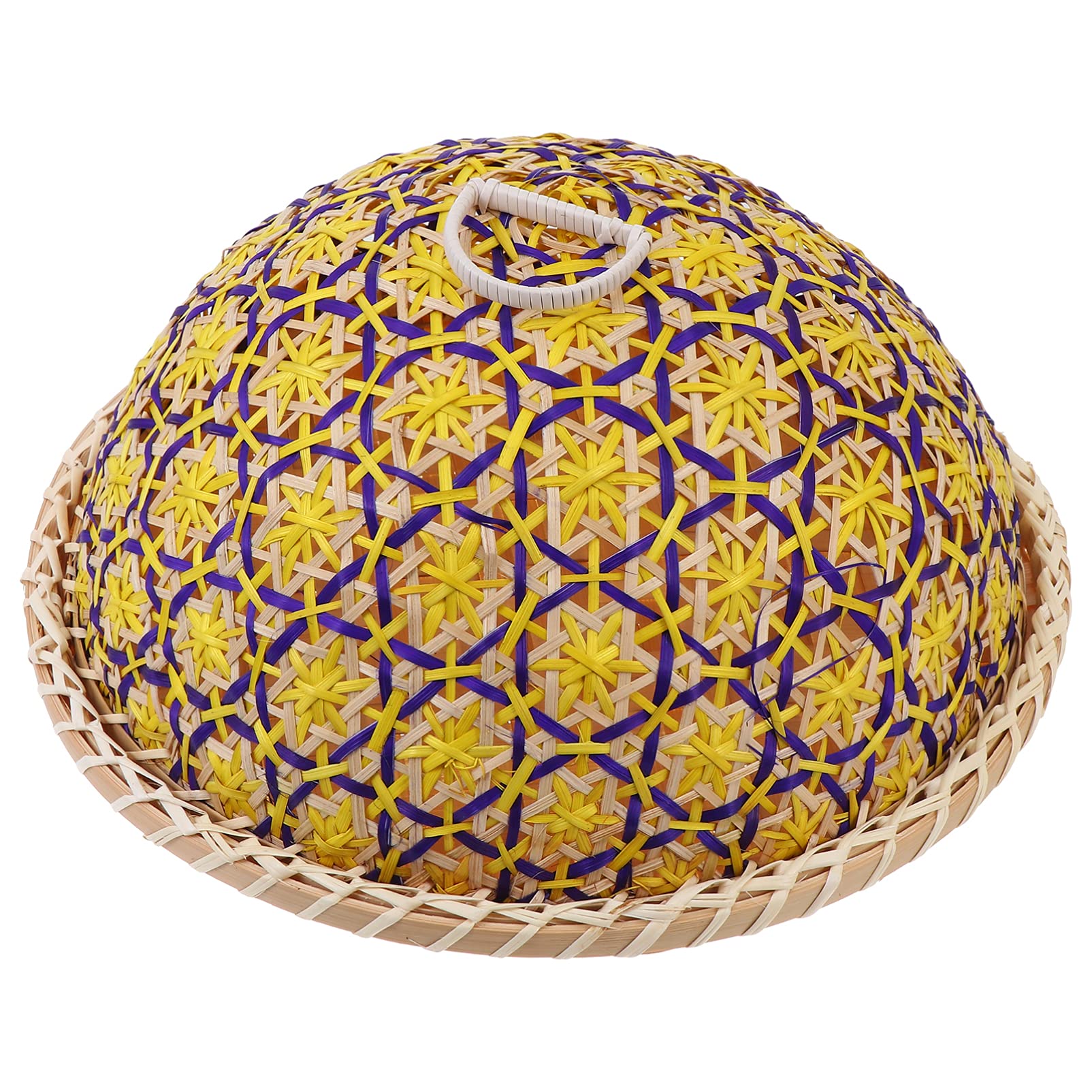 generic Hand- Woven Round Rattan Serving Tray with Food Dome Lid Cover for Picnic Party Bread Cake Pizza Dry Fruit Dessert Yellow Q1519432BAA 28x28cm