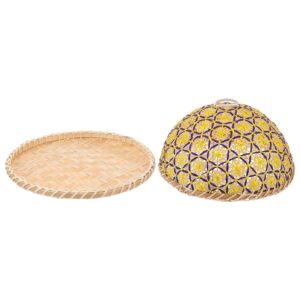 generic Hand- Woven Round Rattan Serving Tray with Food Dome Lid Cover for Picnic Party Bread Cake Pizza Dry Fruit Dessert Yellow Q1519432BAA 28x28cm