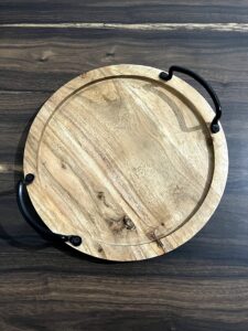 handmade wooden acacia round serving tray beautiful mother of pearl border decorative tray with handles for parties large handles for easy handling, beautiful wooden tray for multiple uses