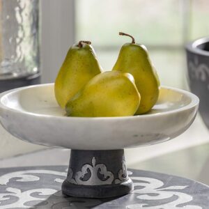 GG Collection White marble bowl on gray-washed metal-inlay pedestal