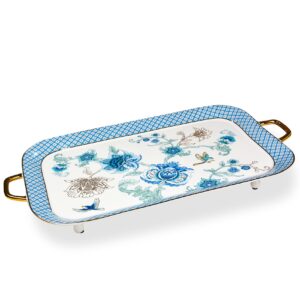 acmlife tea serving tray set, 21 inches bone china tray tea tray with handles, blue fine ceramic decorative serving tray platter with golden rim for tea sets, living room, gift (light blue)