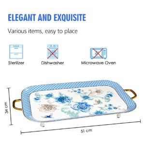 ACMLIFE Tea Serving Tray Set, 21 inches Bone China Tray Tea Tray with Handles, Blue Fine Ceramic Decorative Serving Tray Platter with Golden Rim for Tea Sets, Living Room, Gift (Light Blue)