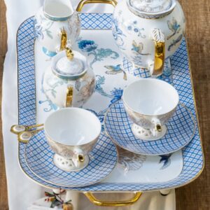 ACMLIFE Tea Serving Tray Set, 21 inches Bone China Tray Tea Tray with Handles, Blue Fine Ceramic Decorative Serving Tray Platter with Golden Rim for Tea Sets, Living Room, Gift (Light Blue)