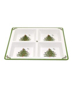 spode christmas tree melamine 4 section tray | 13.5 inch divided serving tray for nuts, candy and condiments | made of melamine for indoor and outdoor serving | dishwasher safe