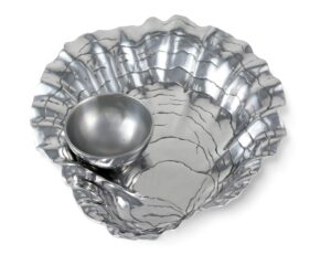 arthur court aluminum metal oyster chip bowl with pearl dip bowl - formal and everyday coastal décor 15 inch x 13.5 inch