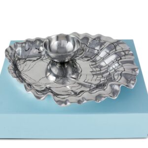 Arthur Court Aluminum Metal Oyster Chip Bowl with Pearl Dip Bowl - Formal and Everyday Coastal décor 15 inch x 13.5 inch