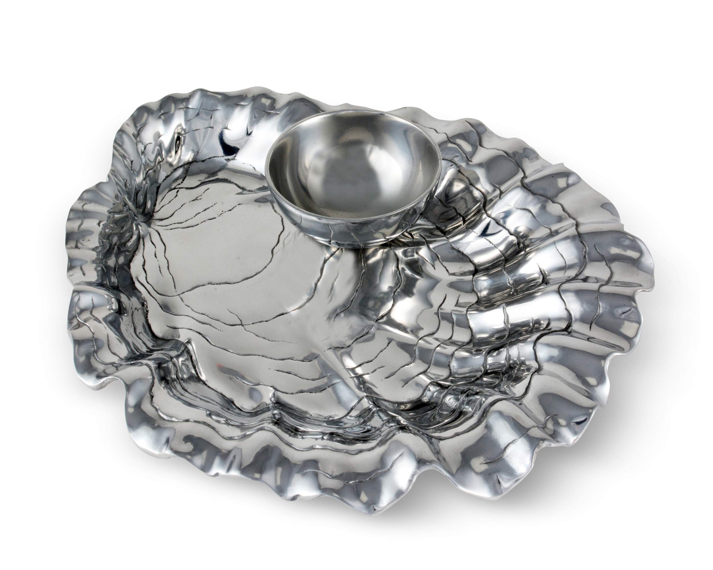 Arthur Court Aluminum Metal Oyster Chip Bowl with Pearl Dip Bowl - Formal and Everyday Coastal décor 15 inch x 13.5 inch