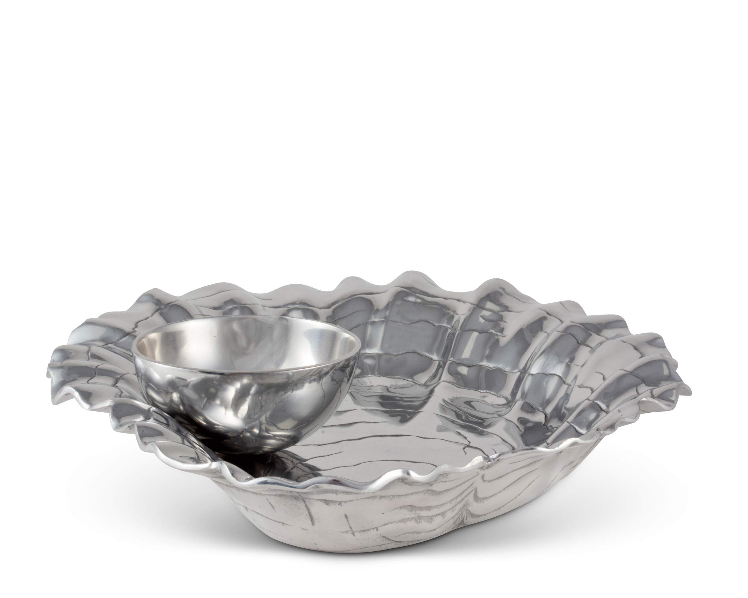 Arthur Court Aluminum Metal Oyster Chip Bowl with Pearl Dip Bowl - Formal and Everyday Coastal décor 15 inch x 13.5 inch