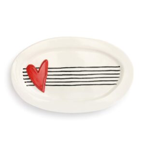 demdaco molded red heart glossy white stripe 15 x 10 ceramic stoneware oval platter