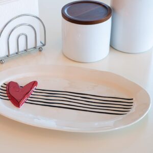 DEMDACO Molded Red Heart Glossy White Stripe 15 x 10 Ceramic Stoneware Oval Platter
