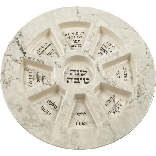 Art Judaica Natural Eco-friendly Bamboo Rosh Hashanah Seder Plate with Faux Marble Design