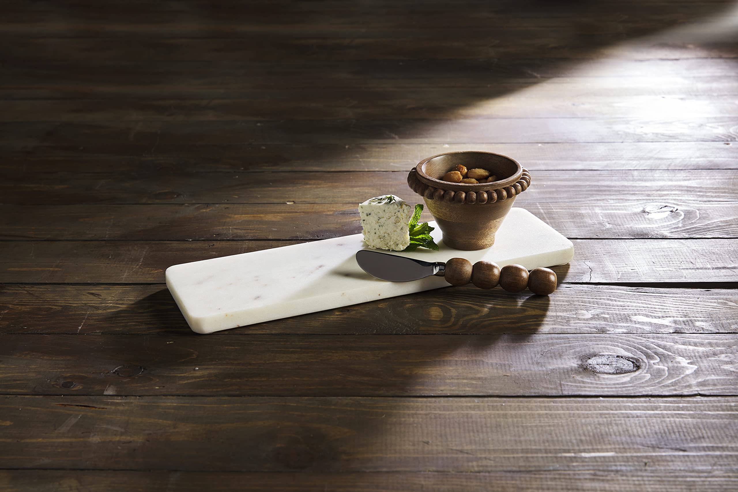 Mud Pie Marble Serving Tray with Wood Beaded Dip Cup and Spreader Set