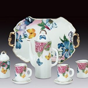 Miniature Collectible BUTTERFLIES & FLOWERS Porcelain Tea Set: Teapot, Sugar Bowl, Creamer, 2 Teacups, Serving Platter