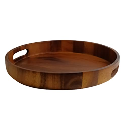 F&L FL005 Acacia Wood Serving Round Tray with Handles Crafted Natural for Coffee, Tea, Breakfast, Lunch, Dinner, Appertizers, Fruit, Dessert, Cake, Snack, Large Platter 14" Diameter x 2" Height