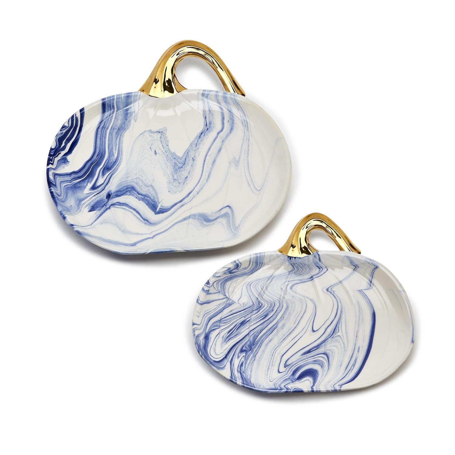 Two's Company Marbled Set of 2 Blue & White Pumpkin Platters