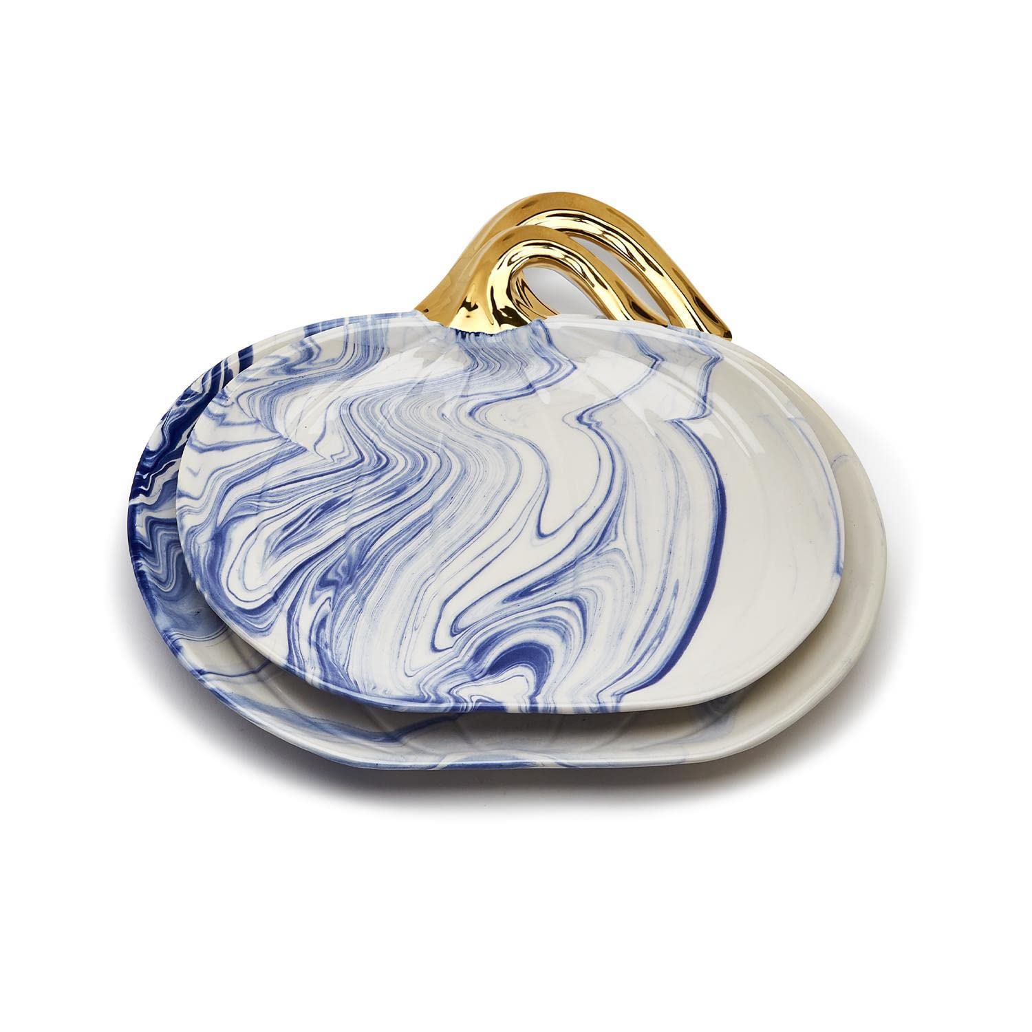 Two's Company Marbled Set of 2 Blue & White Pumpkin Platters
