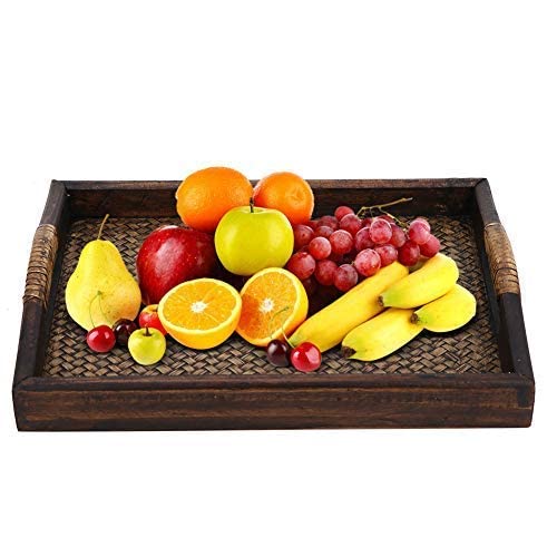 Multi-Purpose Serving Tray for Tea Set Rectangle Food Tray Serving Plate Vintage Rattan Wood Display Stand for Fruits Candies Food Home Parties Supply