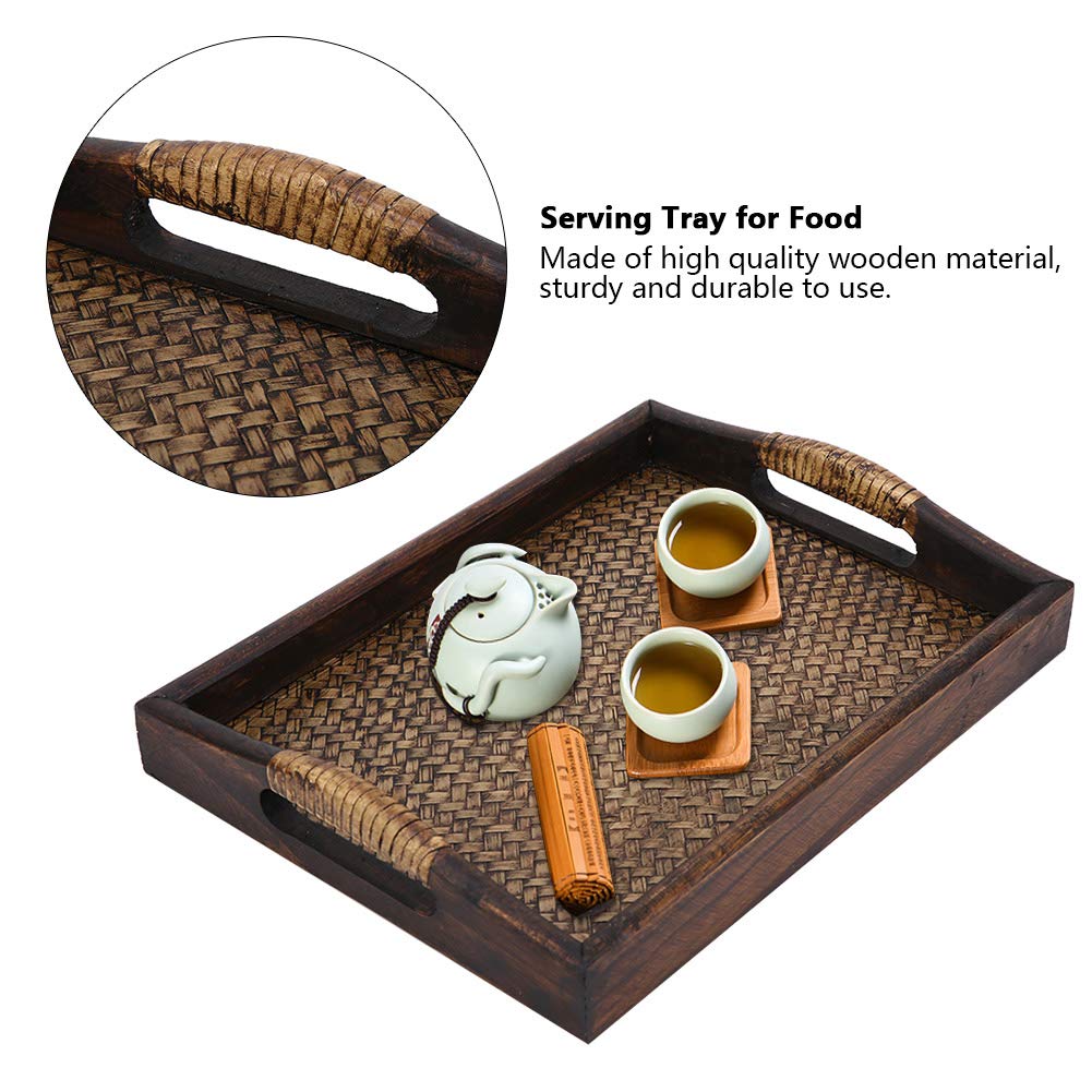 Multi-Purpose Serving Tray for Tea Set Rectangle Food Tray Serving Plate Vintage Rattan Wood Display Stand for Fruits Candies Food Home Parties Supply