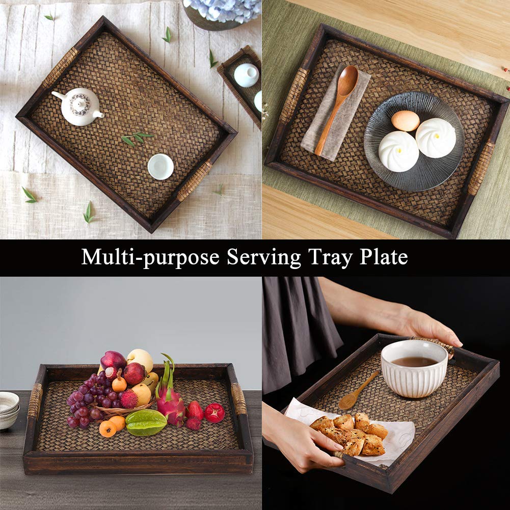 Multi-Purpose Serving Tray for Tea Set Rectangle Food Tray Serving Plate Vintage Rattan Wood Display Stand for Fruits Candies Food Home Parties Supply