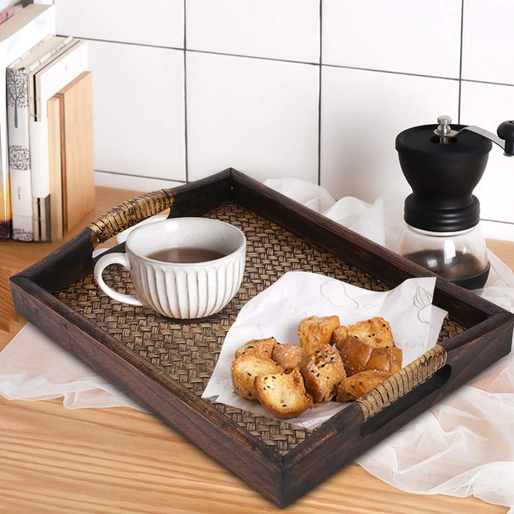 Multi-Purpose Serving Tray for Tea Set Rectangle Food Tray Serving Plate Vintage Rattan Wood Display Stand for Fruits Candies Food Home Parties Supply