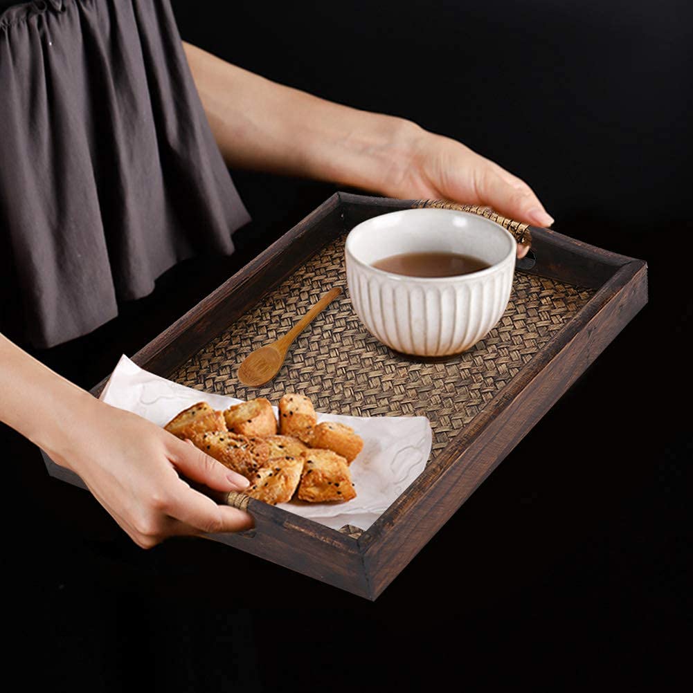 Multi-Purpose Serving Tray for Tea Set Rectangle Food Tray Serving Plate Vintage Rattan Wood Display Stand for Fruits Candies Food Home Parties Supply