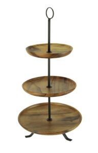 rustic three-tier wooden farmhouse serving stand with round trays, sturdy metal frame, and boho charm - 23.5 inches high - culinary and decorative delight