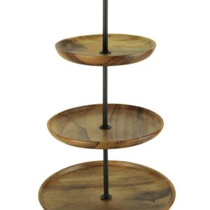 Rustic Three-Tier Wooden Farmhouse Serving Stand with Round Trays, Sturdy Metal Frame, and Boho Charm - 23.5 Inches High - Culinary and Decorative Delight