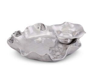 arthur court metal modern two piece chip and dip platter and dip bowl in carmel pattern sand casted in aluminum with artisan quality hand polished designer tarnish-free 15 inch x 14 inch