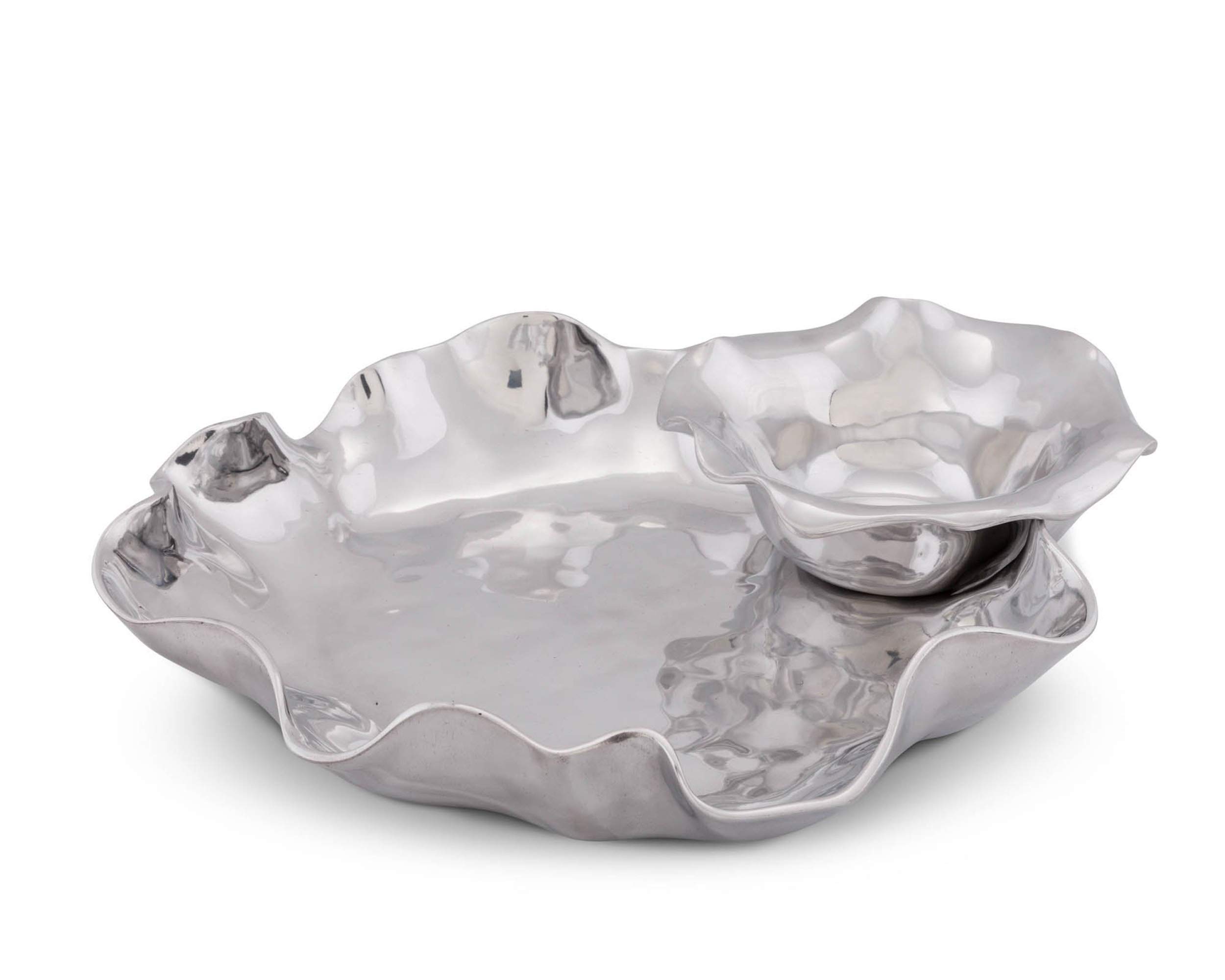 Arthur Court Metal Modern Two Piece Chip and Dip Platter and Dip Bowl in Carmel Pattern Sand Casted in Aluminum with Artisan Quality Hand Polished Designer Tarnish-Free 15 inch x 14 inch