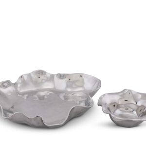 Arthur Court Metal Modern Two Piece Chip and Dip Platter and Dip Bowl in Carmel Pattern Sand Casted in Aluminum with Artisan Quality Hand Polished Designer Tarnish-Free 15 inch x 14 inch