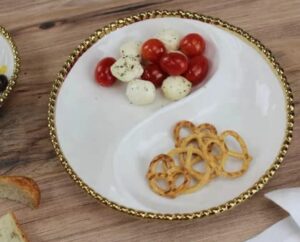 gold and white beaded sectioned serving platter