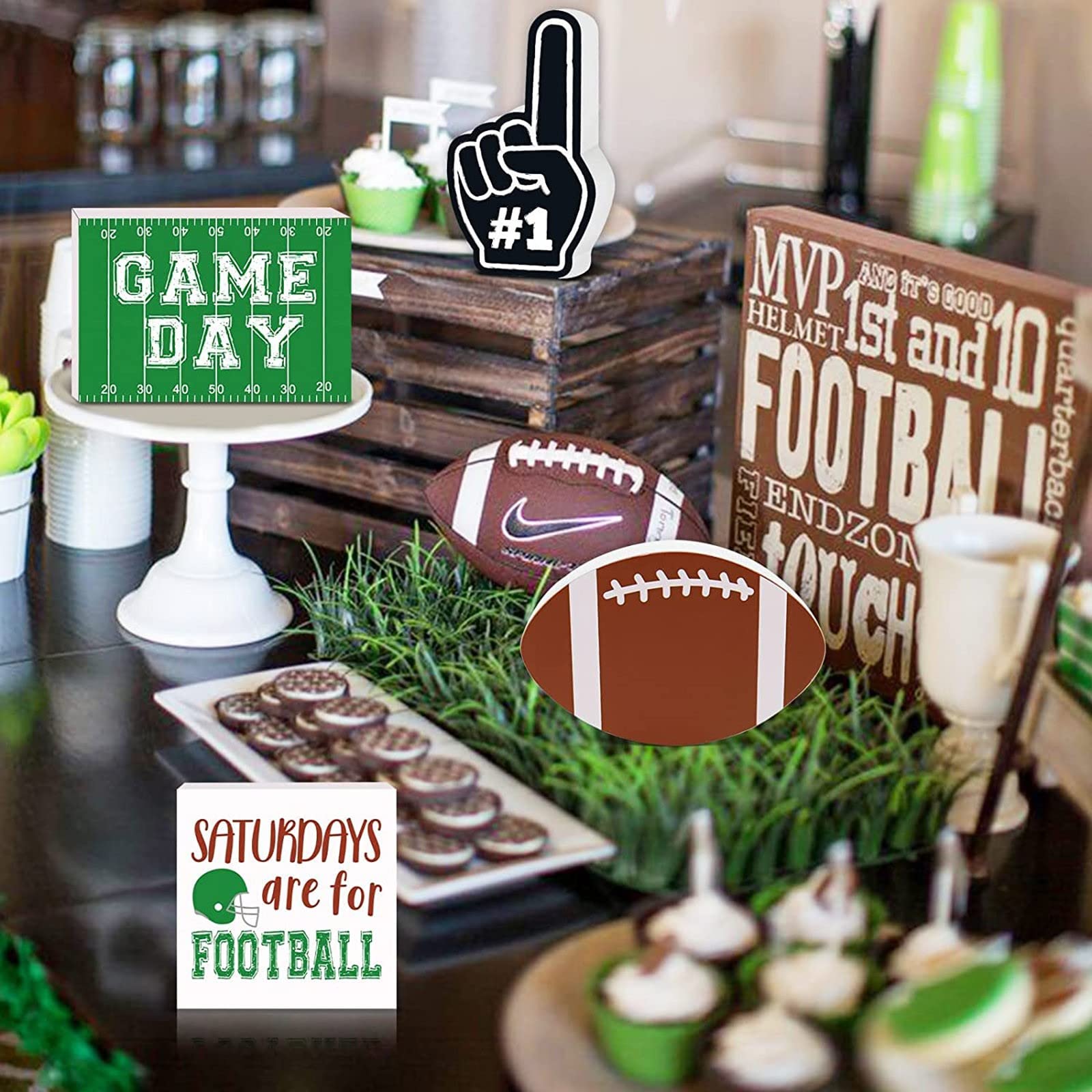 Satiable 4 Pieces Farmhouse Tiered Tray Decor Items - Football Game Day Handmade Wooden Signs Decorations Farmhouse Rustic Vintage Home Kitchen Living Room Bookshelf Table Decor Party Favor