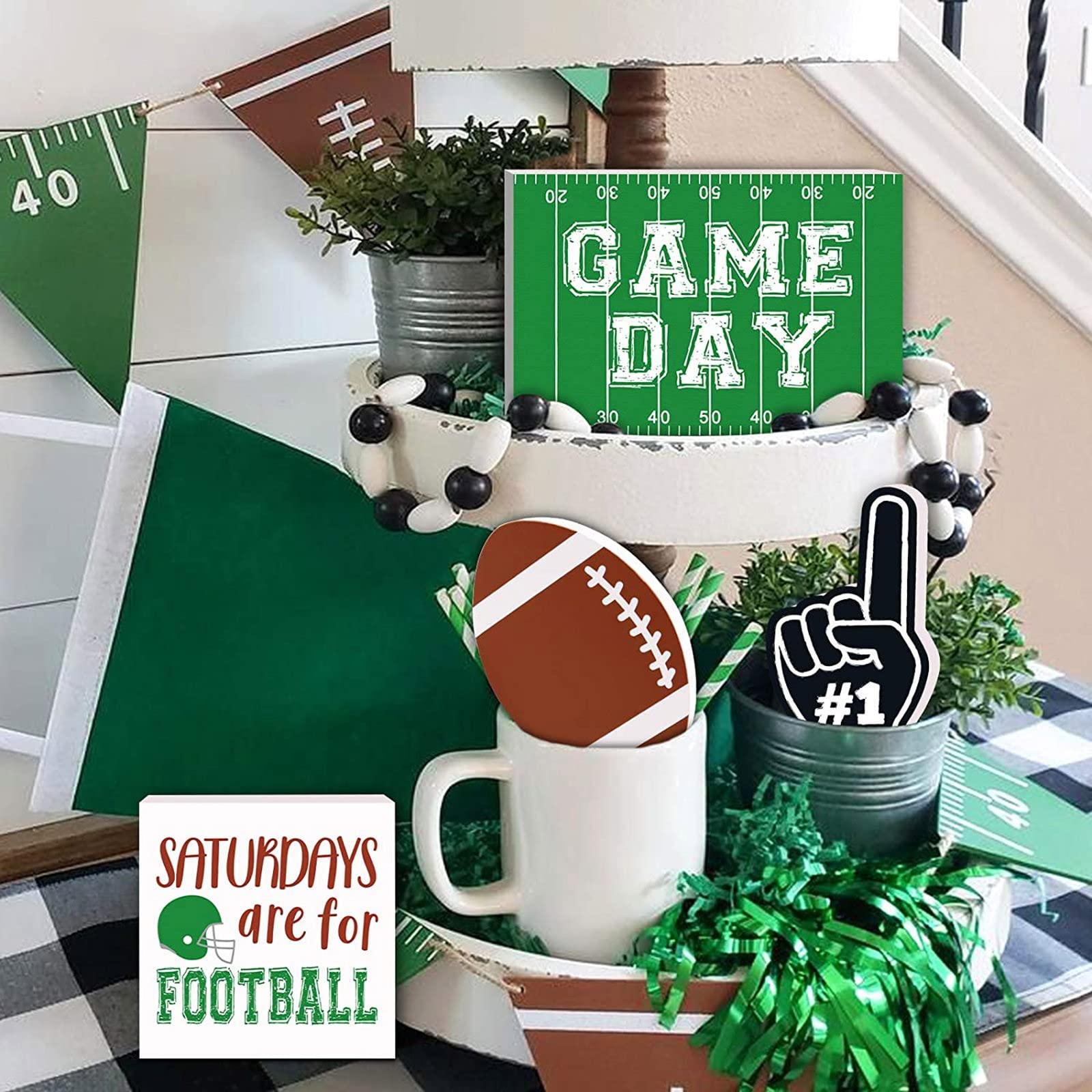 Satiable 4 Pieces Farmhouse Tiered Tray Decor Items - Football Game Day Handmade Wooden Signs Decorations Farmhouse Rustic Vintage Home Kitchen Living Room Bookshelf Table Decor Party Favor