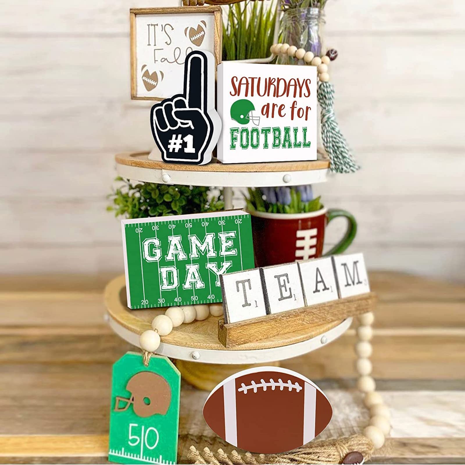 Satiable 4 Pieces Farmhouse Tiered Tray Decor Items - Football Game Day Handmade Wooden Signs Decorations Farmhouse Rustic Vintage Home Kitchen Living Room Bookshelf Table Decor Party Favor