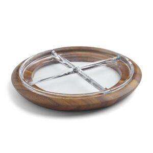 nambe cooper crudité tray | 13.75 inch divided serving platter for veggies, snacks, and appetizers | made of acacia wood and glass | designed by steve cozzolino