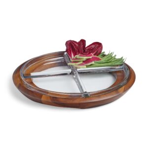 Nambe Cooper Crudité Tray | 13.75 Inch Divided Serving Platter for Veggies, Snacks, and Appetizers | Made of Acacia Wood and Glass | Designed by Steve Cozzolino