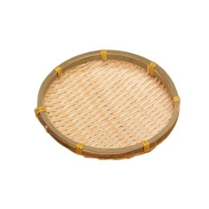 hemoton bamboo woven round basket tray rustic wood decorative serving tray for breakfast drinks snack coffee table wall hanging home decoration 18cm